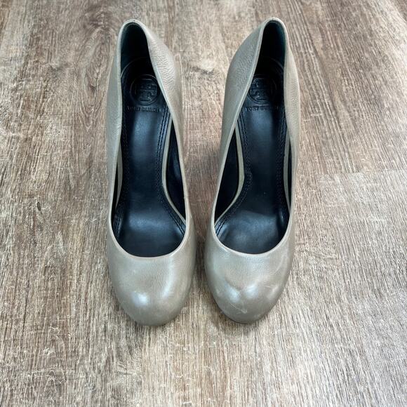 Tory Burch Jones Pumps Leather Stacked Heels Gray Brown - Picture 5 of 7